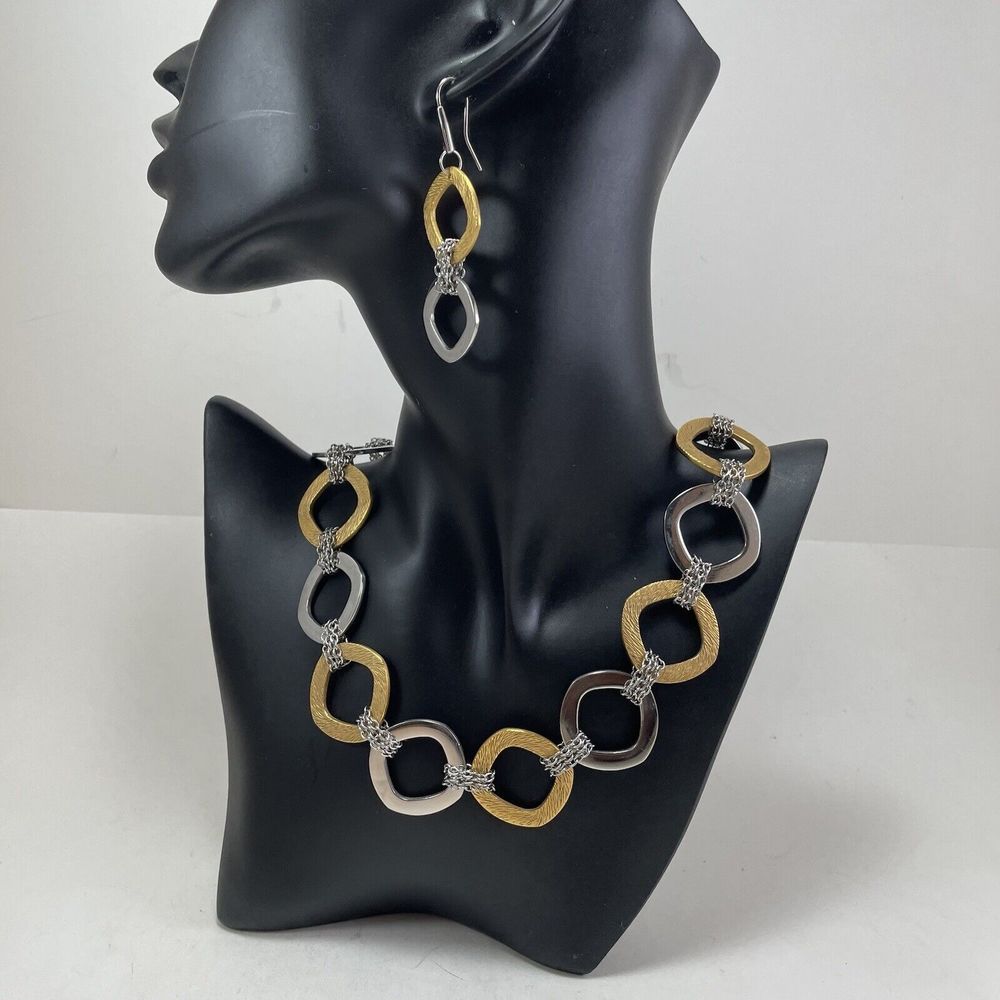 QVC Steel By Design Two Tone 28” Necklace & 8” Bracelet Earrings Rounded Square - Picture 7 of 16
